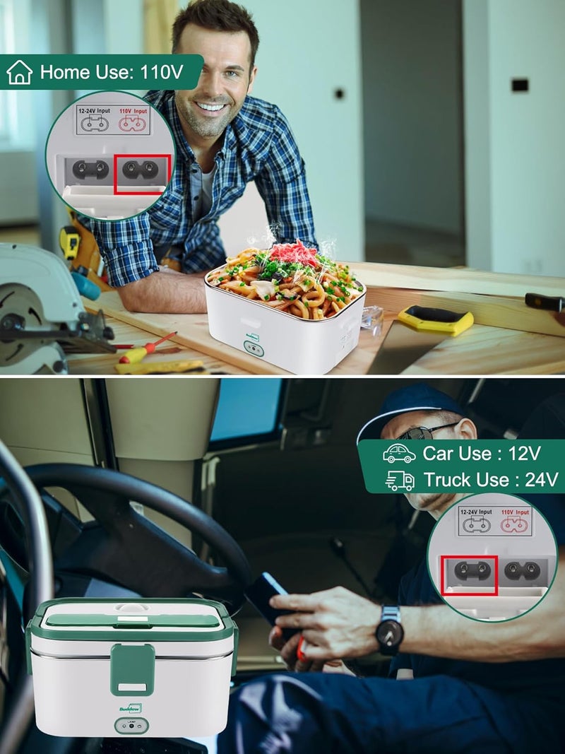 Buddew Electric Lunch Box for Adults, 80W Heated Lunch Box 1.8L Stainless Steel Portable Food Warmer,12/24/110V Lonchera Electrica Portatil for Travel & Work, Loncheras para Hombres de Trabajo(Green) - Image 3